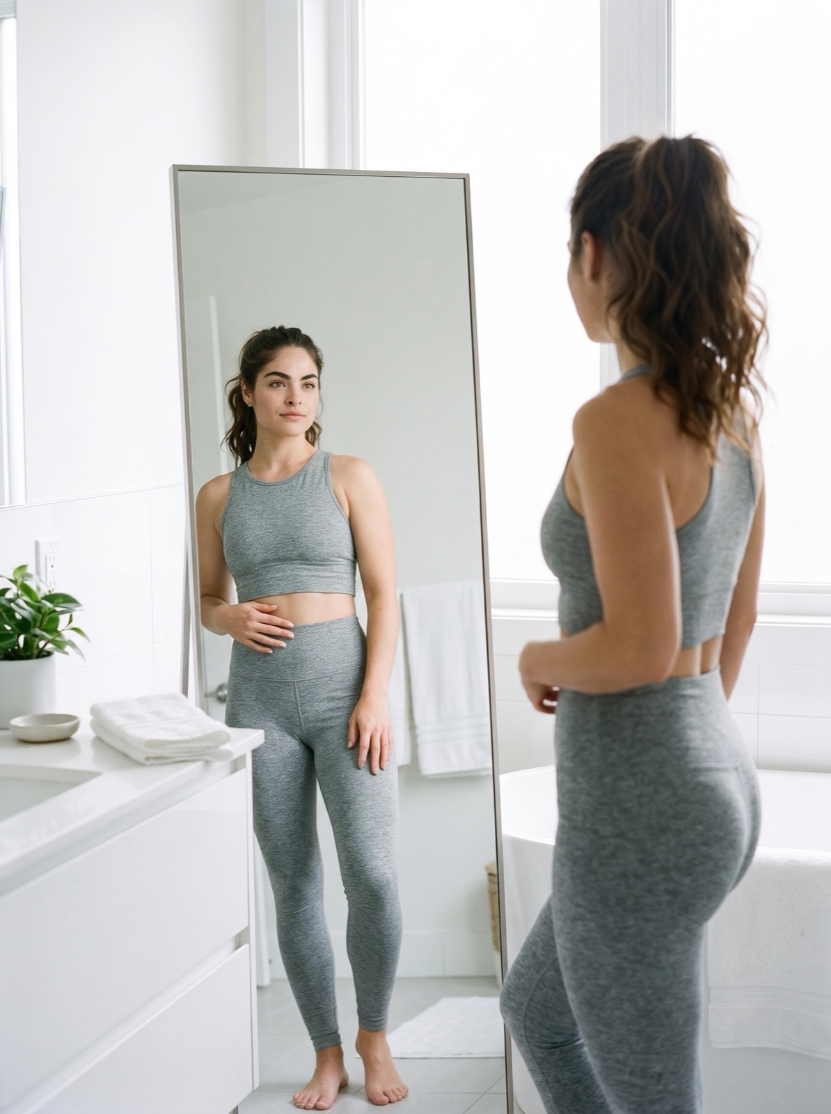 woman checking her figure in a mirror